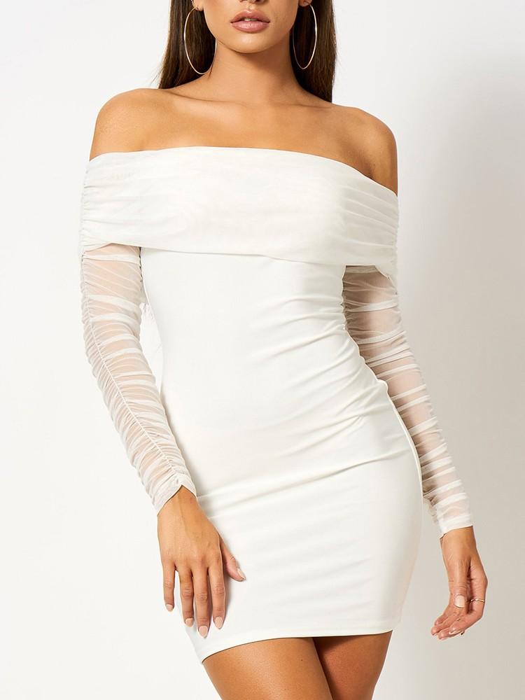 Mesh Splicing Ruched Off Shoulder Bodycon Dress - DadHats2ow6ix