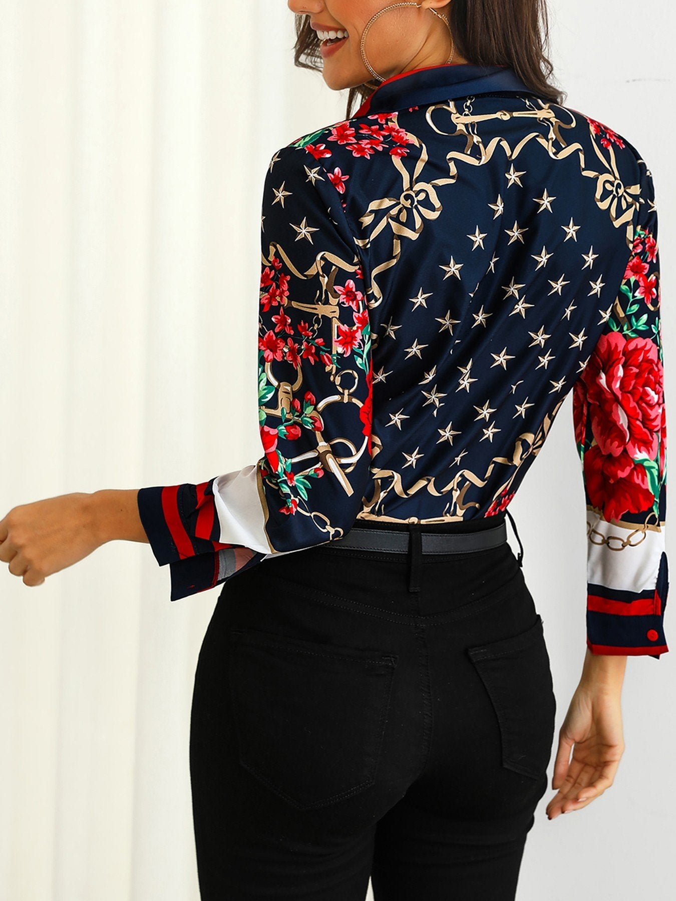 Floral & Chains Print Casual Blouse - DadHats2ow6ix