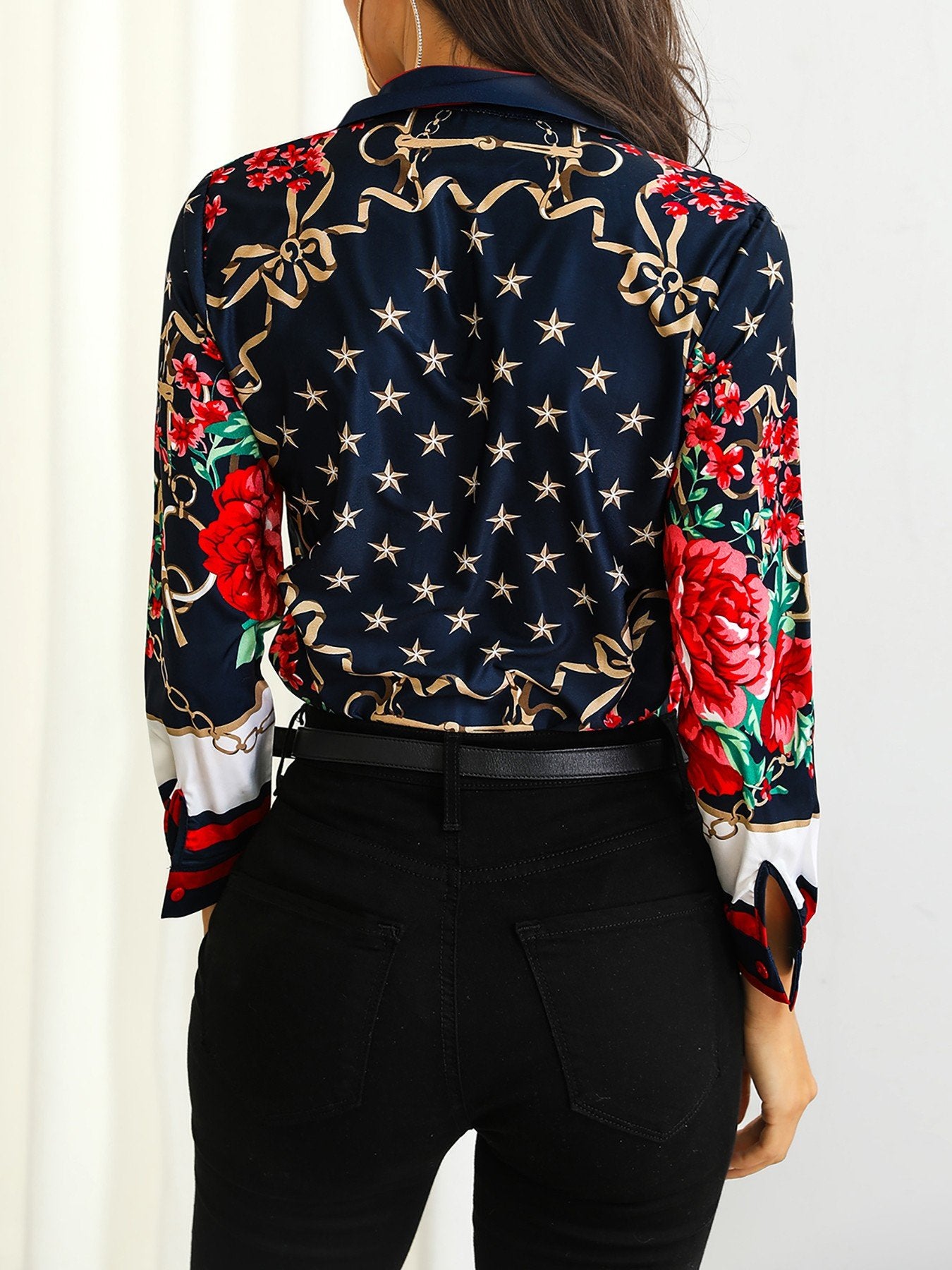 Floral & Chains Print Casual Blouse - DadHats2ow6ix