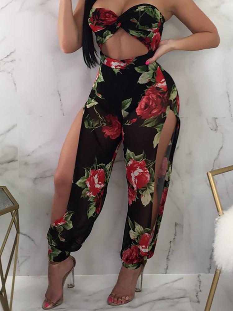 Floral Print Twist Front Cutout Slit Leg Jumpsuits - DadHats2ow6ix