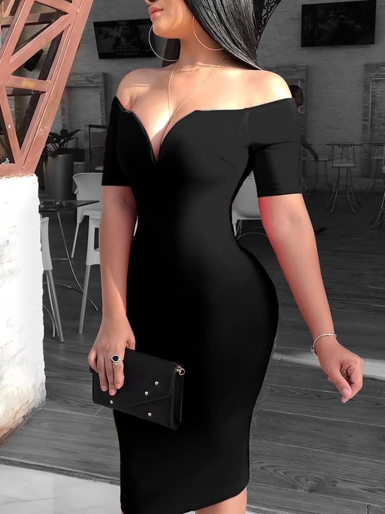 Solid Off Shoulder Short Sleeve Bodycon Dress - DadHats2ow6ix