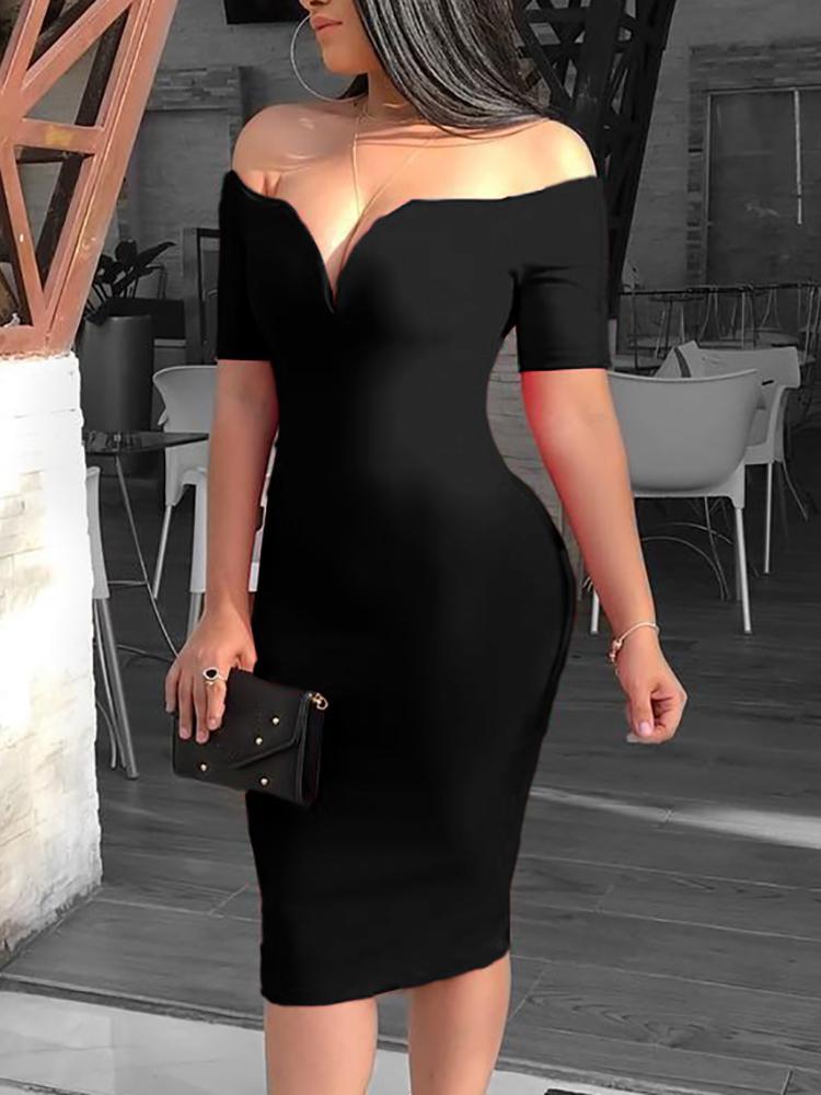 Solid Off Shoulder Short Sleeve Bodycon Dress - DadHats2ow6ix