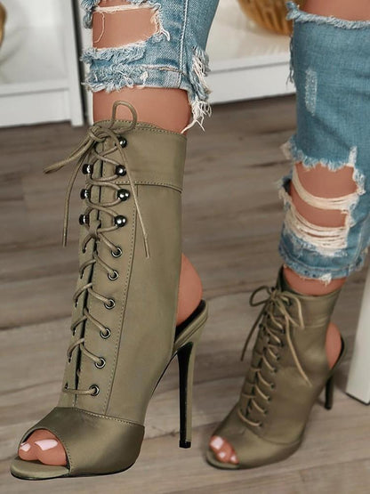 Stylish Lace-up Open Toe High-heeled Boots - DadHats2ow6ix