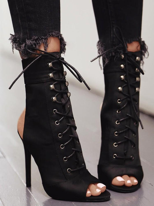 Stylish Lace-up Open Toe High-heeled Boots - DadHats2ow6ix