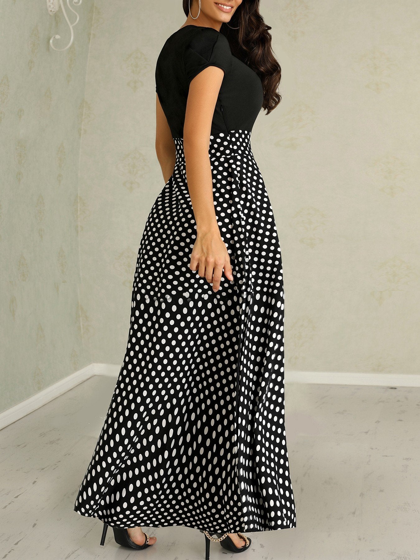 Short Sleeve Polka Dots Print Patchwork Maxi Dress - DadHats2ow6ix