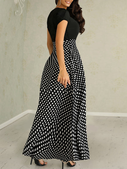 Short Sleeve Polka Dots Print Patchwork Maxi Dress - DadHats2ow6ix