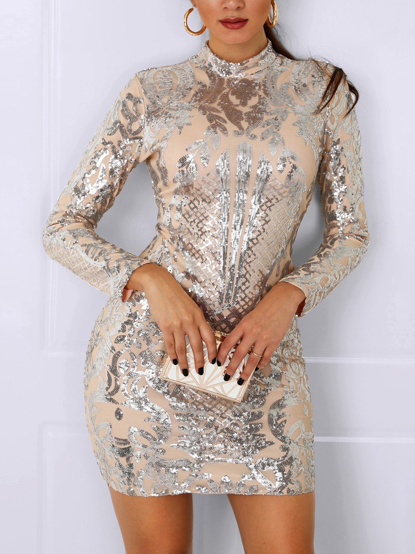 Long Sleeve Slinky Sequin Dress - DadHats2ow6ix