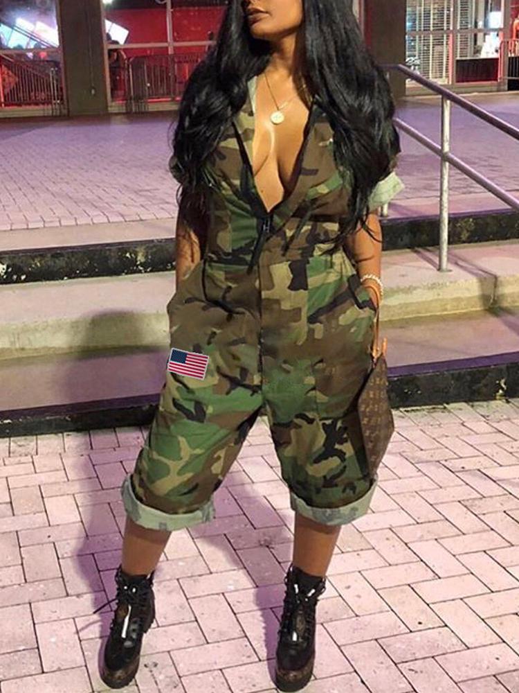 Camo Roll-Sleeve Zipper Casual Jumpsuit - DadHats2ow6ix