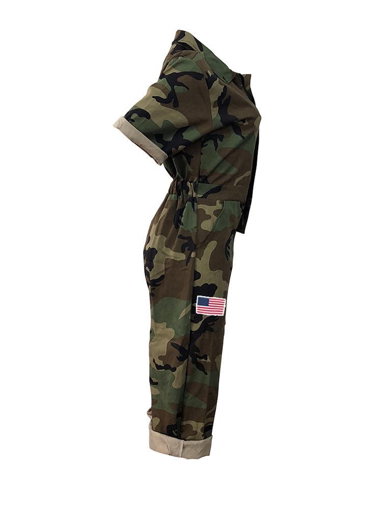 Camo Roll-Sleeve Zipper Casual Jumpsuit - DadHats2ow6ix