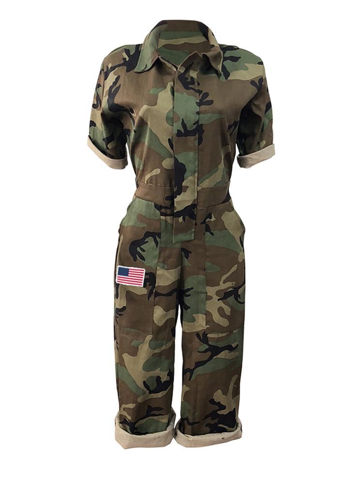 Camo Roll-Sleeve Zipper Casual Jumpsuit - DadHats2ow6ix