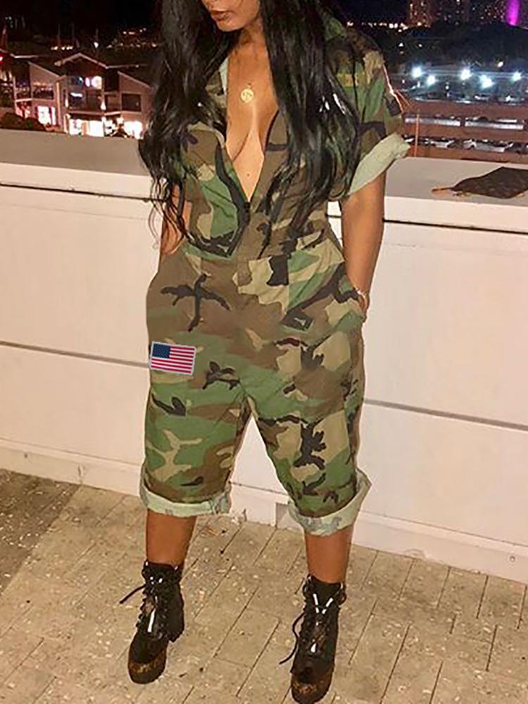 Camo Roll-Sleeve Zipper Casual Jumpsuit - DadHats2ow6ix