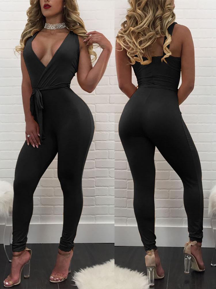 Sexy Deep V Neck Tied Waist Skinny Jumpsuit - DadHats2ow6ix