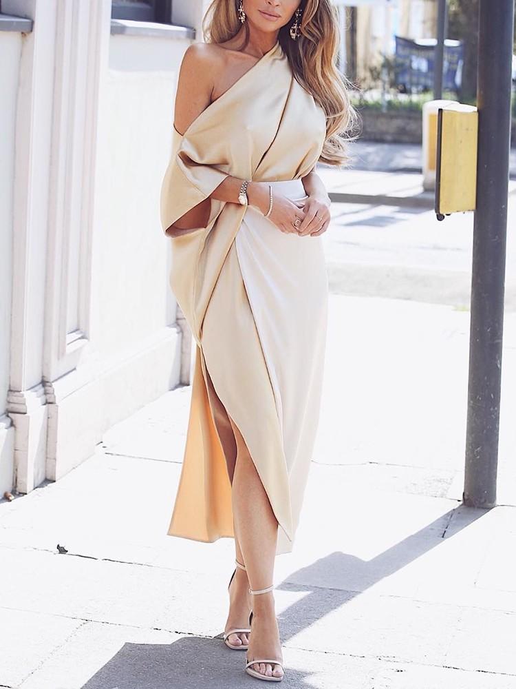 One Shoulder Wrap Side Slit Maxi Dress - DadHats2ow6ix