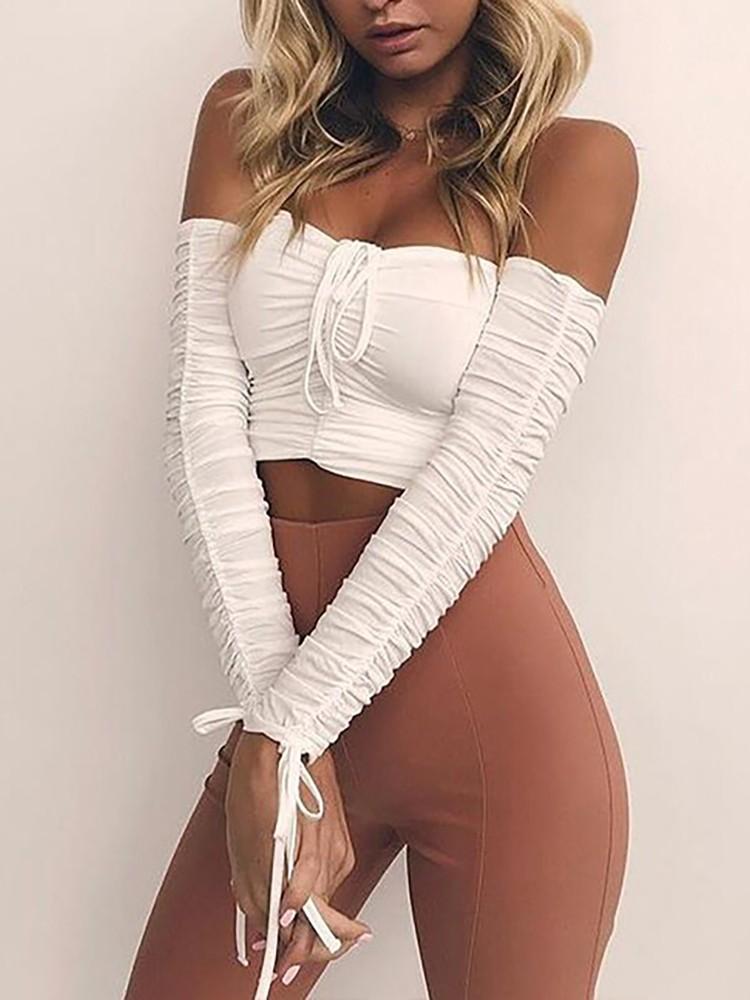 Off Shoulder Ruched Tied Crop Top - DadHats2ow6ix