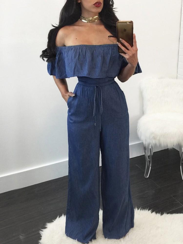 Trendy Flounced Off Shoulder Flared Denim Jumpsuit - DadHats2ow6ix