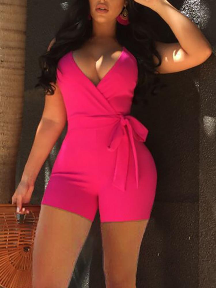 Solid Color Tie Waist Wrap Romper - DadHats2ow6ix