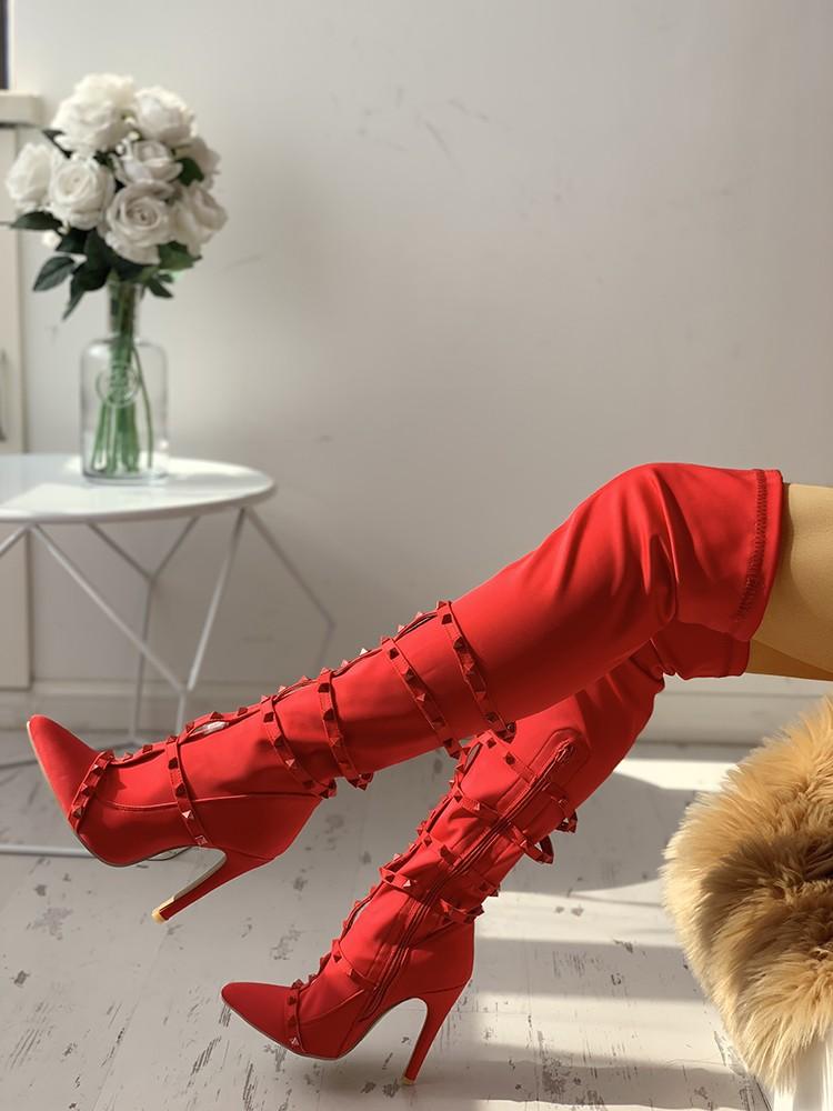 Rivets Embellished Pointed Toe Over The Knee Boots - DadHats2ow6ix