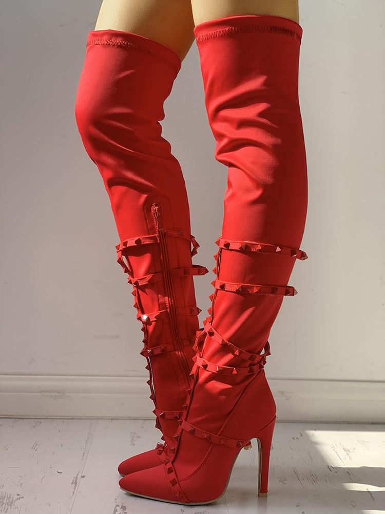 Rivets Embellished Pointed Toe Over The Knee Boots - DadHats2ow6ix