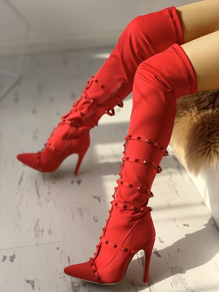 Rivets Embellished Pointed Toe Over The Knee Boots - DadHats2ow6ix