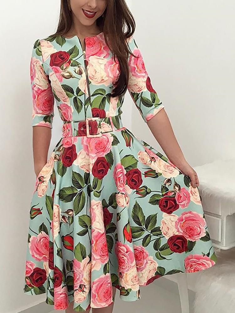 Floral Print Zipper Up Self Belted Pleated Dress - DadHats2ow6ix