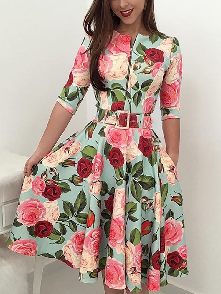 Floral Print Zipper Up Self Belted Pleated Dress - DadHats2ow6ix