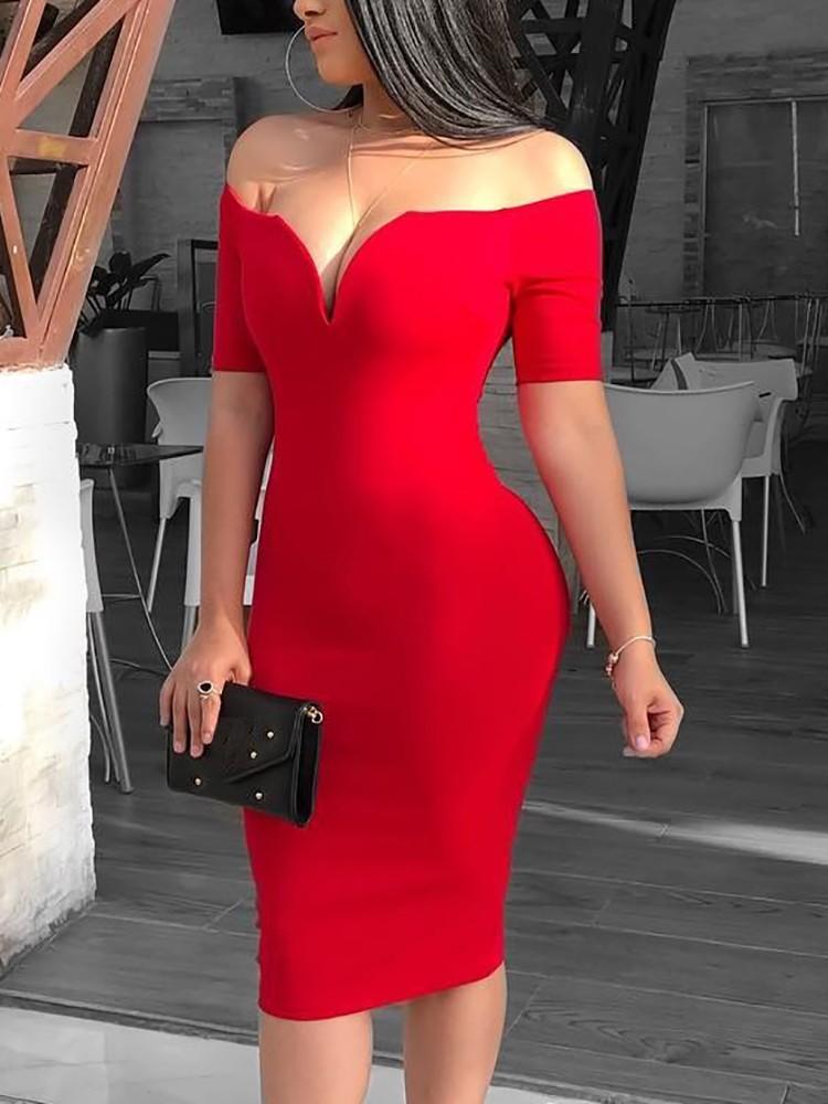 Solid Off Shoulder Short Sleeve Bodycon Dress - DadHats2ow6ix