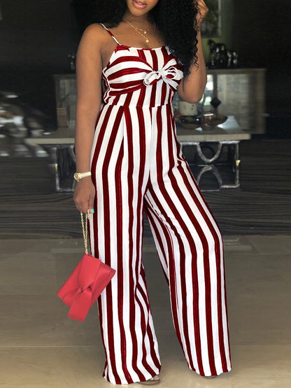 Striped Bowtie Detail Cutout Back Jumpsuit - DadHats2ow6ix