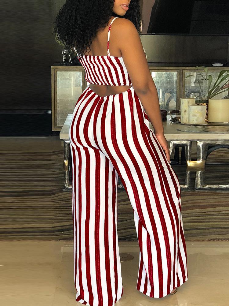 Striped Bowtie Detail Cutout Back Jumpsuit - DadHats2ow6ix