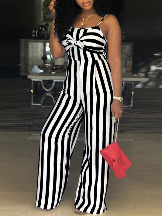 Striped Bowtie Detail Cutout Back Jumpsuit - DadHats2ow6ix