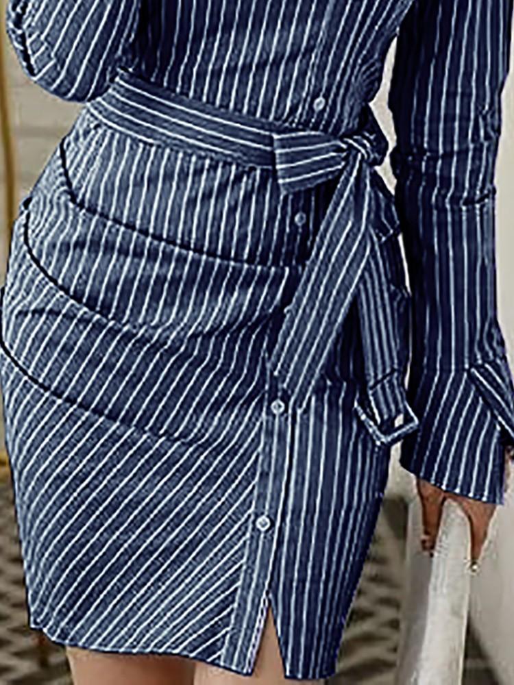 Pinstripes Ruched Irregular Belted Shirt Dress - DadHats2ow6ix