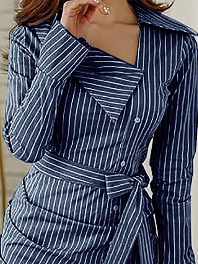 Pinstripes Ruched Irregular Belted Shirt Dress - DadHats2ow6ix