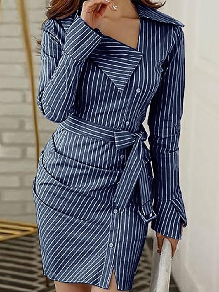 Pinstripes Ruched Irregular Belted Shirt Dress - DadHats2ow6ix