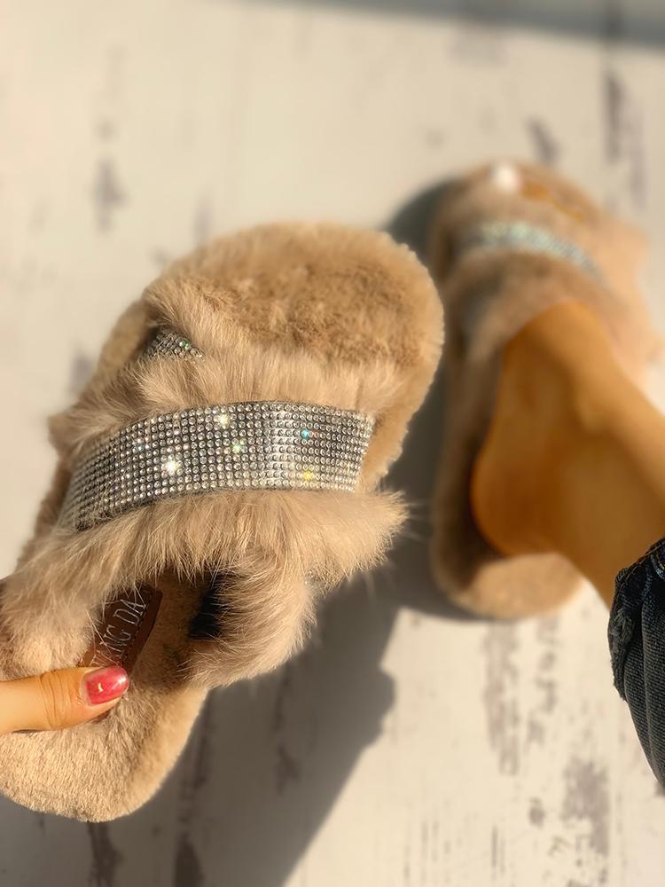 Shiny Fluffy Embellished Open Toe Mules - DadHats2ow6ix