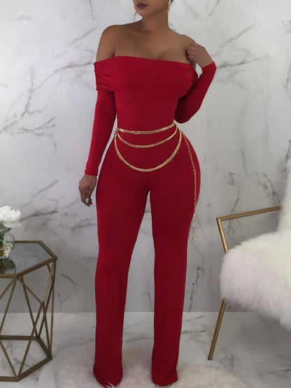 Fold Over Off Shoulder Long Sleeve Jumpsuits - DadHats2ow6ix