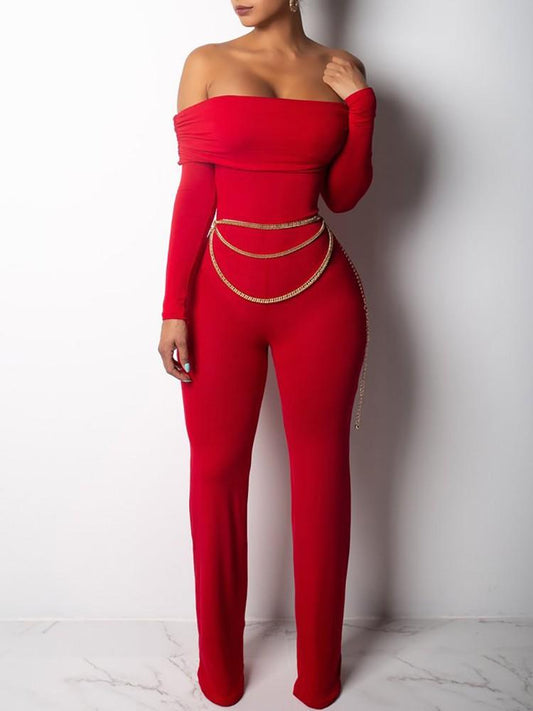 Fold Over Off Shoulder Long Sleeve Jumpsuits - DadHats2ow6ix