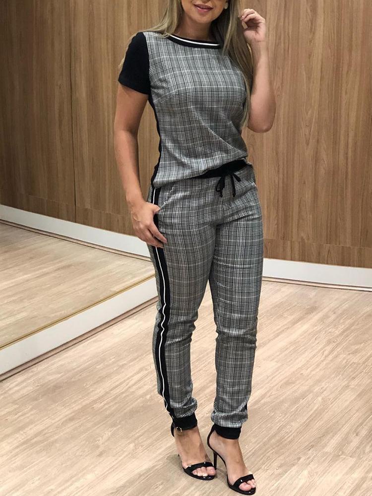 Side Striped Plaid Print Drawstring Casual Pants Set - DadHats2ow6ix