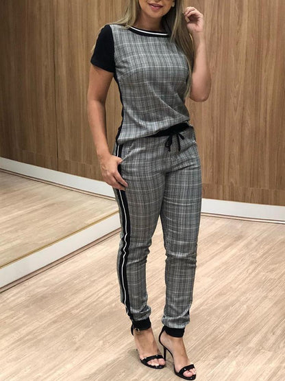 Side Striped Plaid Print Drawstring Casual Pants Set - DadHats2ow6ix