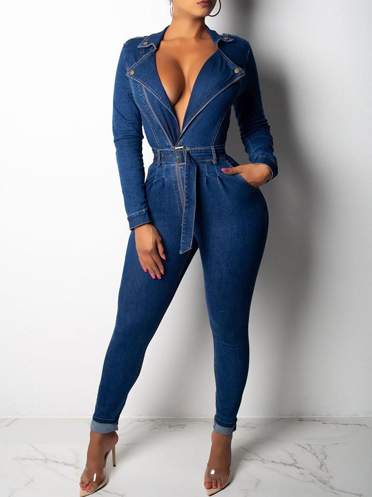 Zip Detail Belted Denim Jumpsuit - DadHats2ow6ix