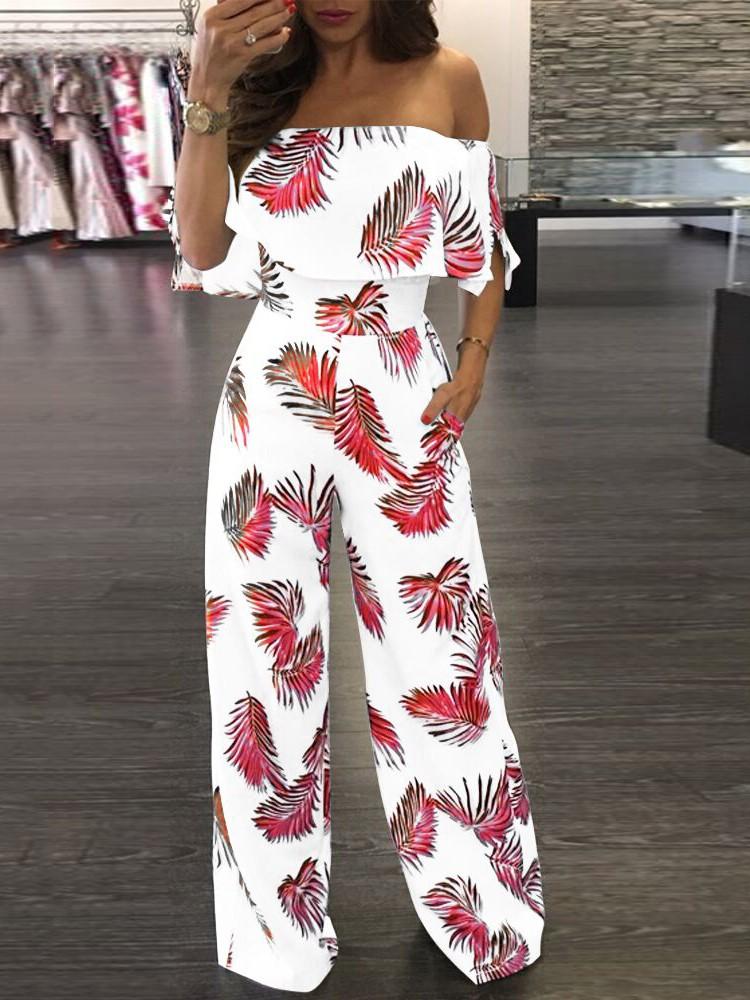 Fashion Print Frilled Off Shoulder Flared Jumpsuit - DadHats2ow6ix