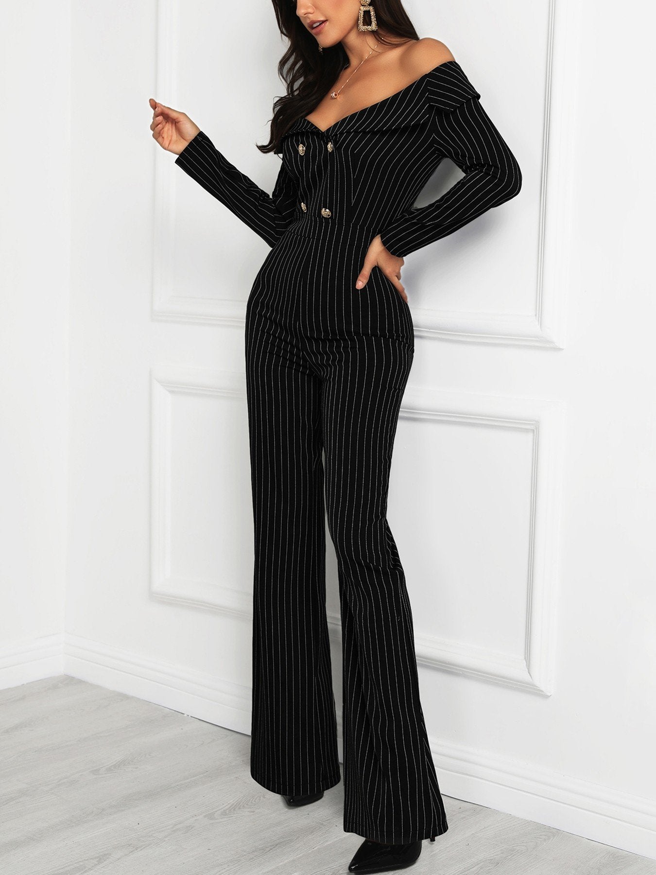 Stripes Double Breasted Off Shoulder Jumpsuit - DadHats2ow6ix