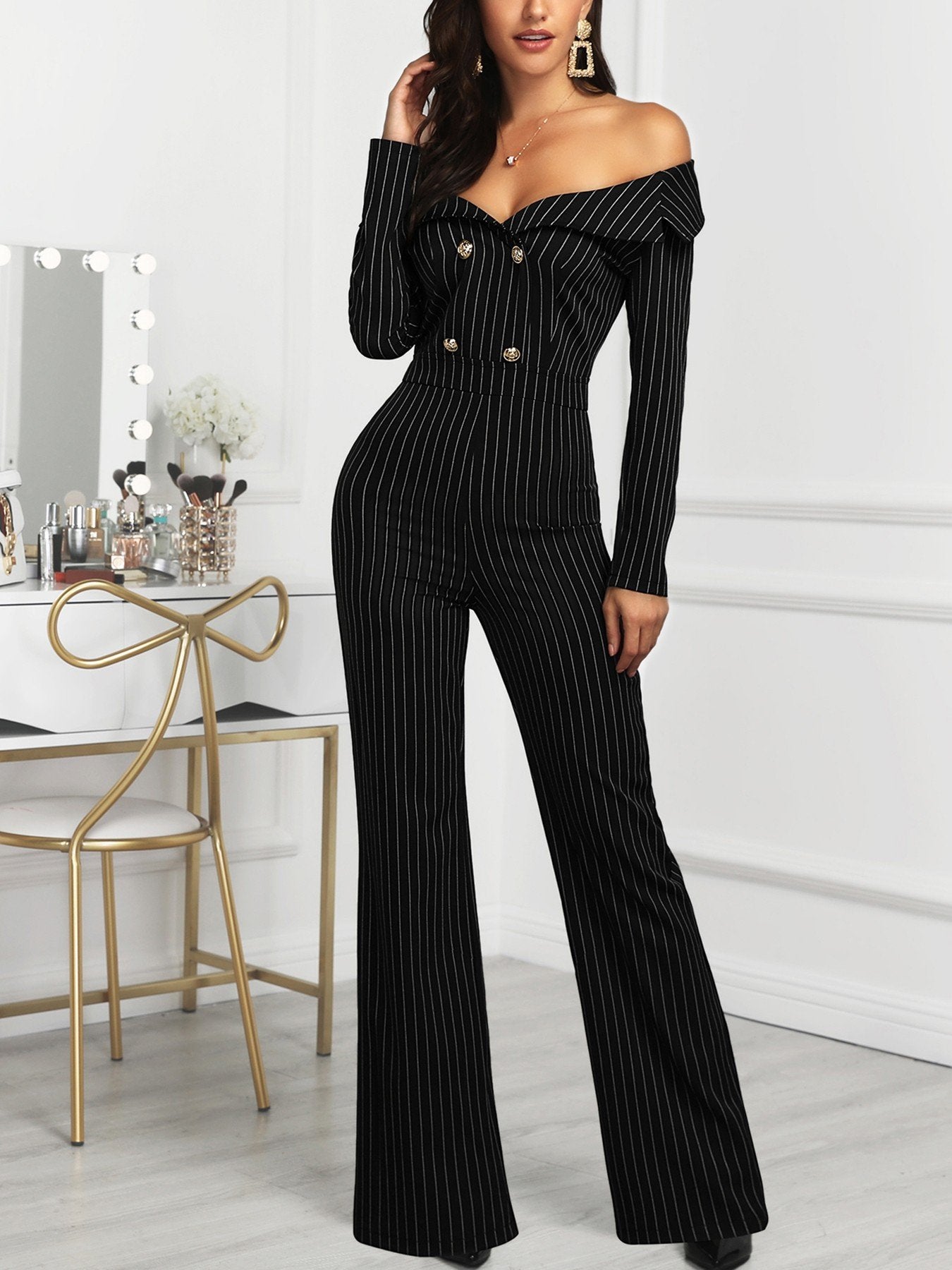 Stripes Double Breasted Off Shoulder Jumpsuit - DadHats2ow6ix