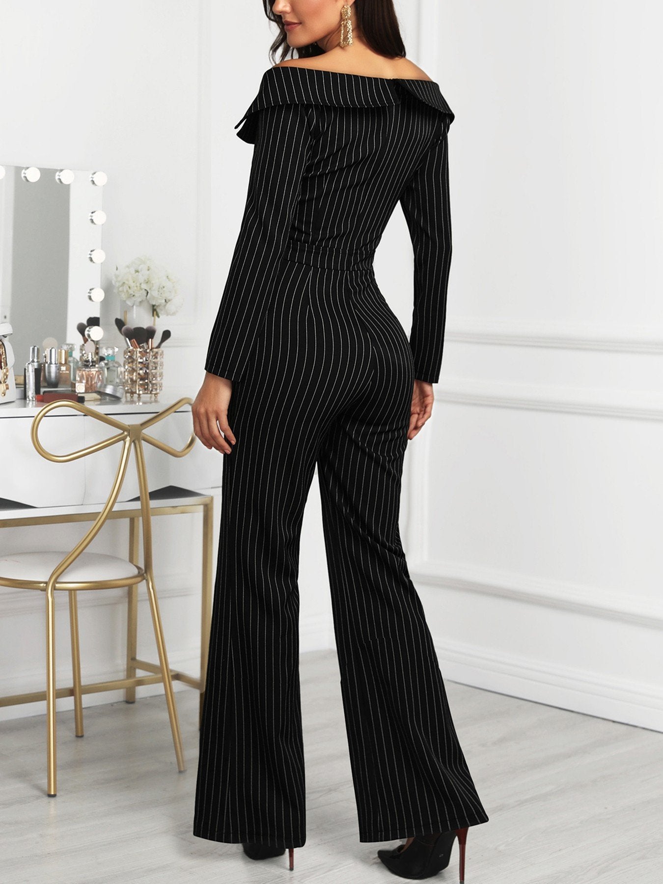 Stripes Double Breasted Off Shoulder Jumpsuit - DadHats2ow6ix