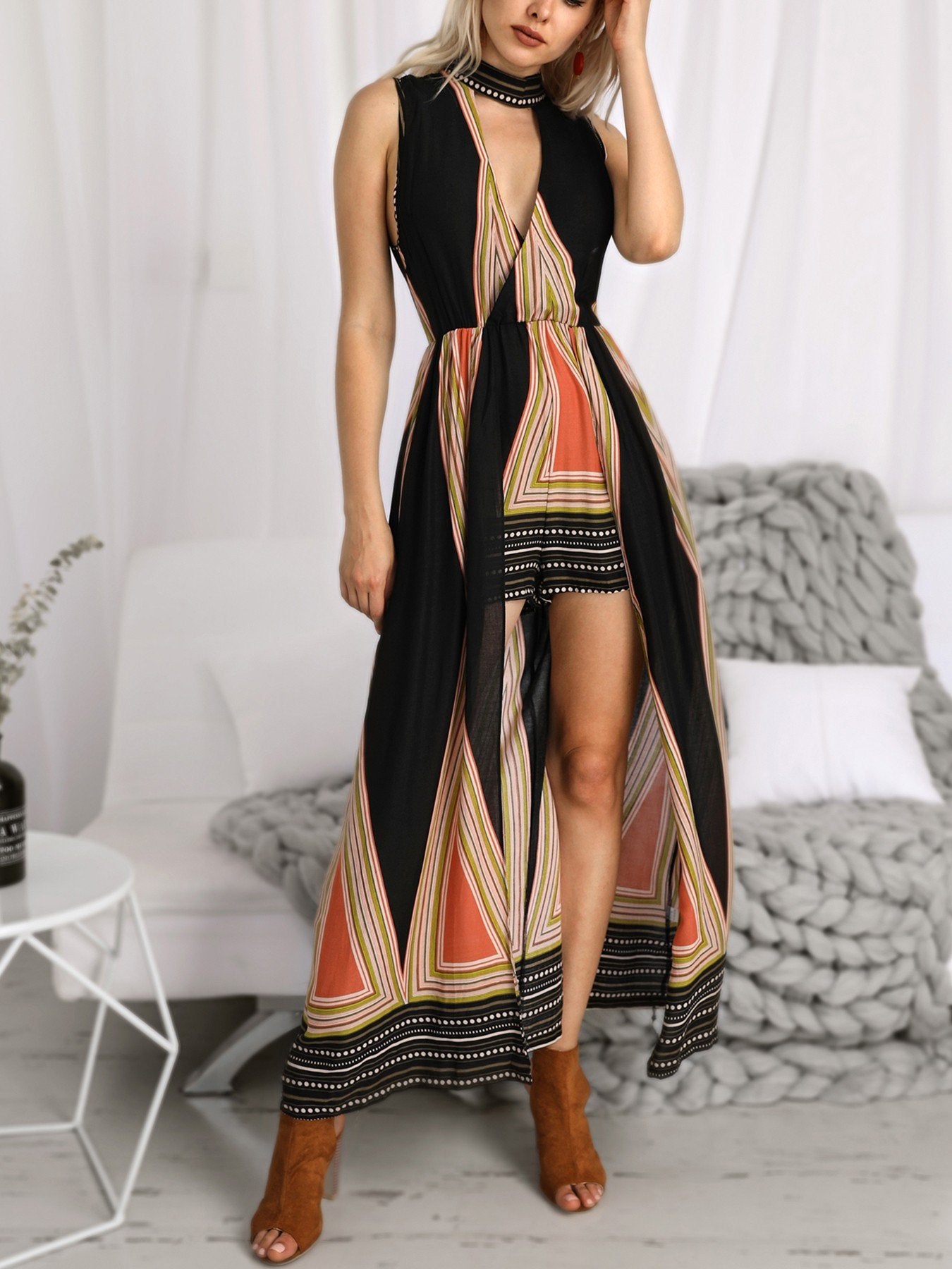 Geo Print Choker V Neck Maxi Romper Dress - DadHats2ow6ix