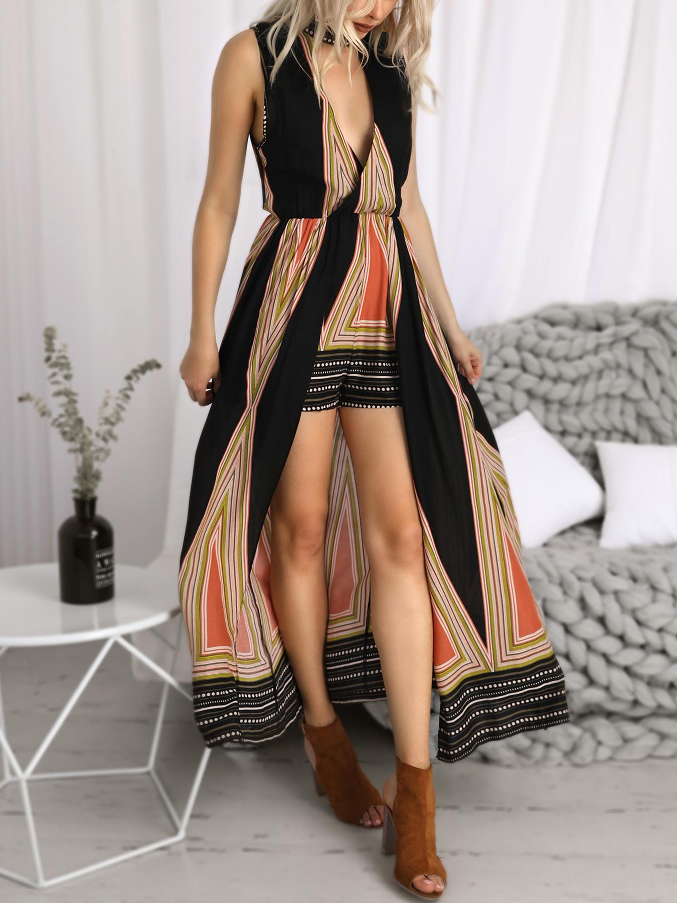 Geo Print Choker V Neck Maxi Romper Dress - DadHats2ow6ix