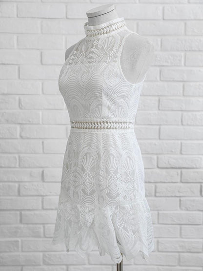 Halter Lace Hollow Out Scalloped Hem Mini Dress - DadHats2ow6ix