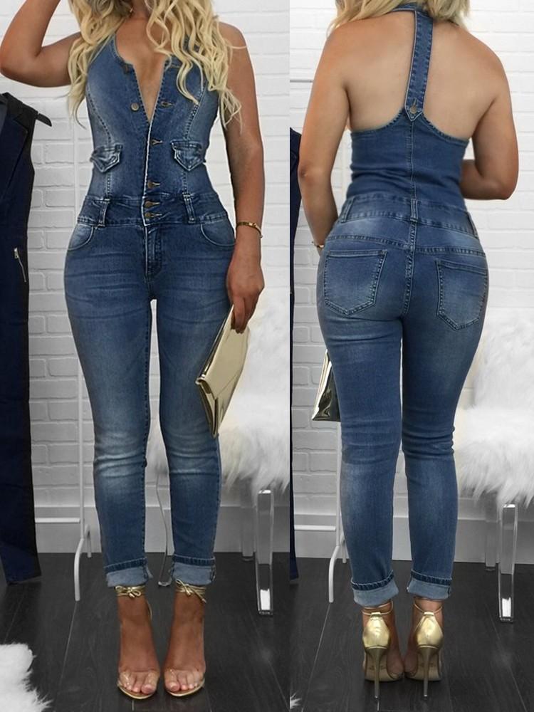 Sexy V Neck Skinny Fitness Denim Overalls - DadHats2ow6ix