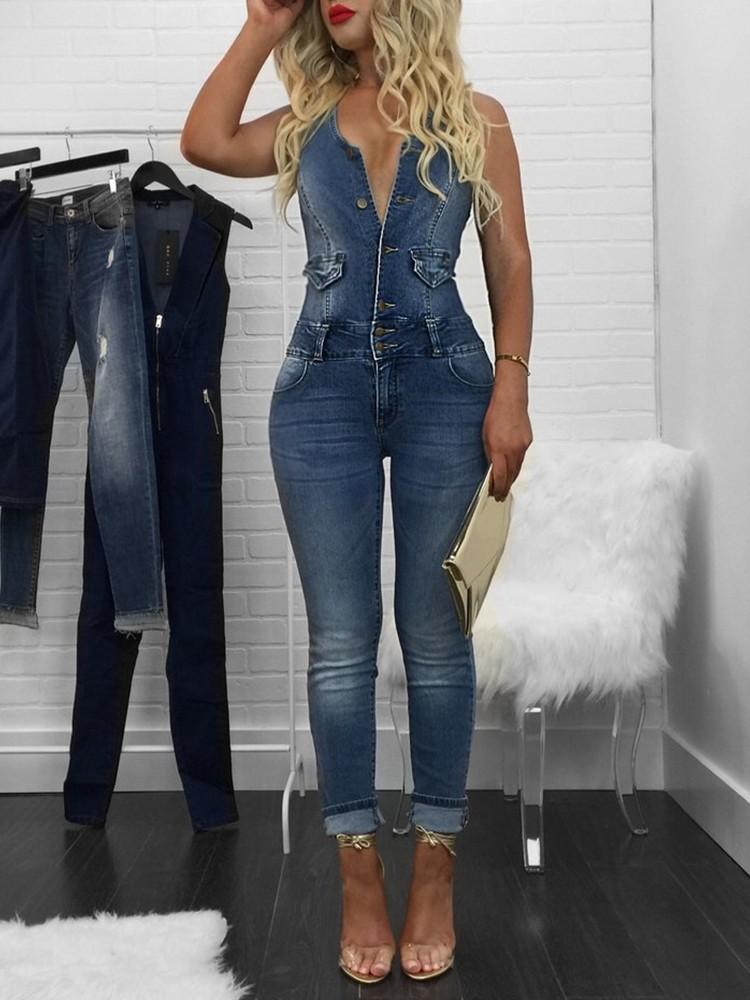 Sexy V Neck Skinny Fitness Denim Overalls - DadHats2ow6ix