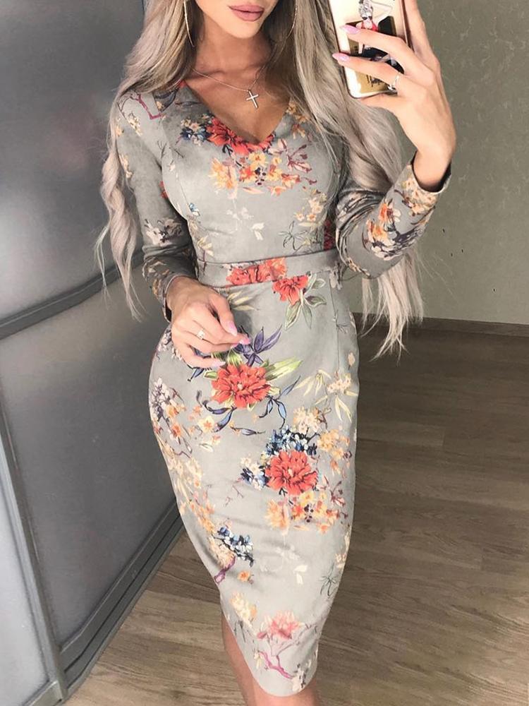 Floral Print Long Sleeve Pencil Dress - DadHats2ow6ix