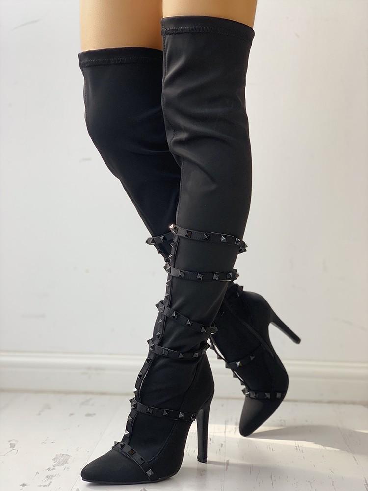 Rivets Embellished Pointed Toe Over The Knee Boots - DadHats2ow6ix