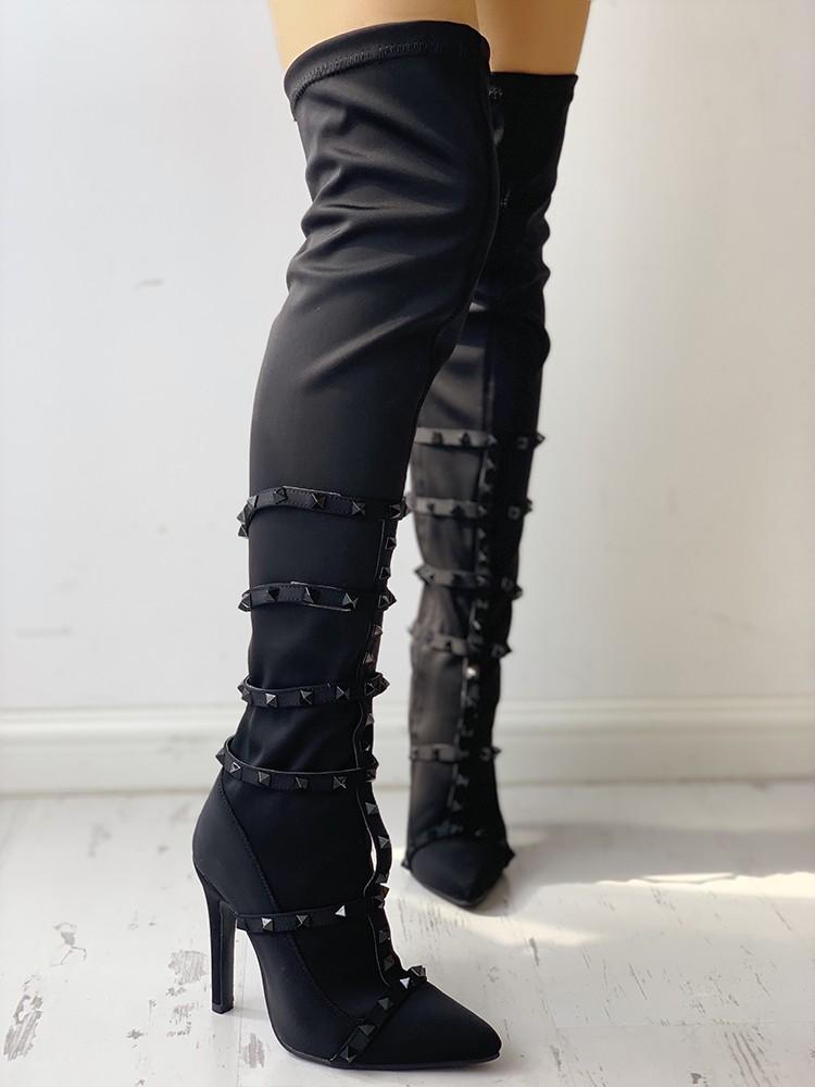 Rivets Embellished Pointed Toe Over The Knee Boots - DadHats2ow6ix